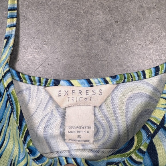 VTG Express Tricot Shift Dress Womens S Green Preowned Midi Sleeveless Swirl - Picture 3 of 7